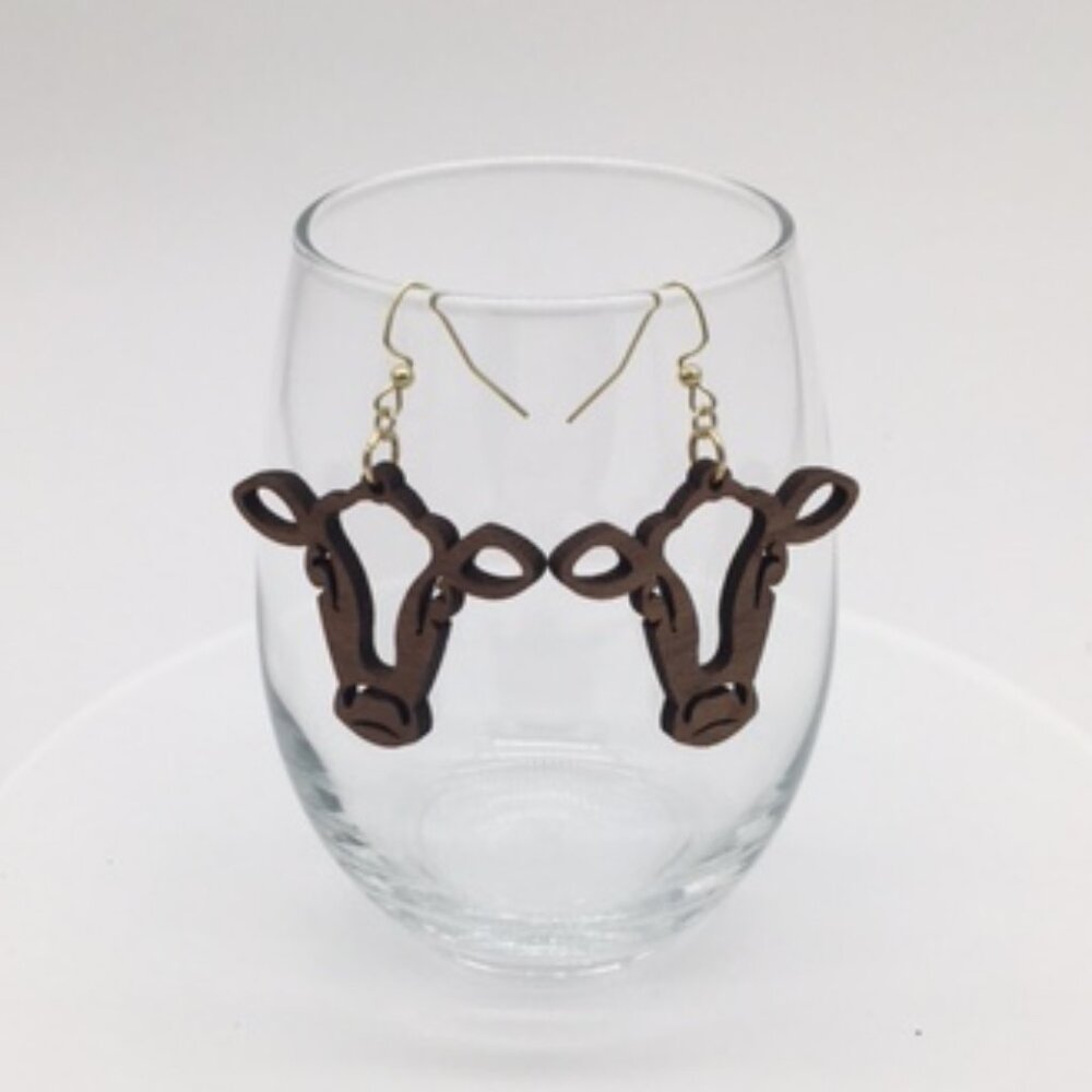Custom Laser Cut Walnut Wood Cow Earrings